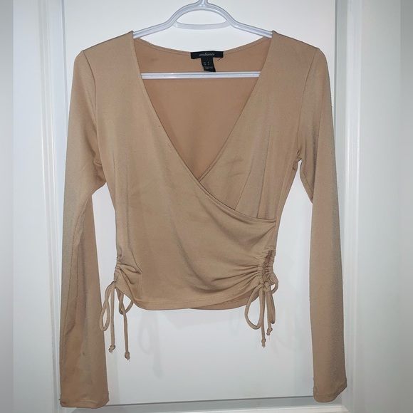 Beige/Tan, cut-out, long sleeve v-neck top - Picture 2 of 2